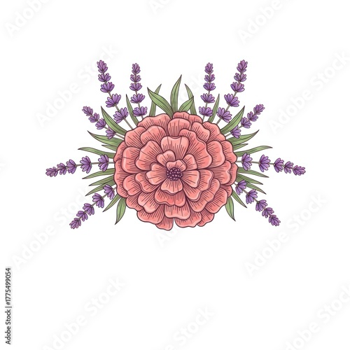 Floral illustration featuring a pink flower with lavender and green leaves