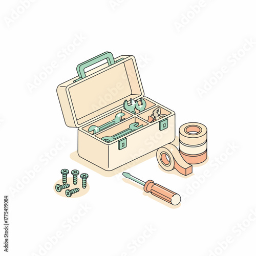 Isometric illustration of a repair toolkit and supplies