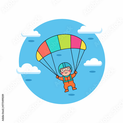 Happy little cartoon character enjoying colorful parachute jump