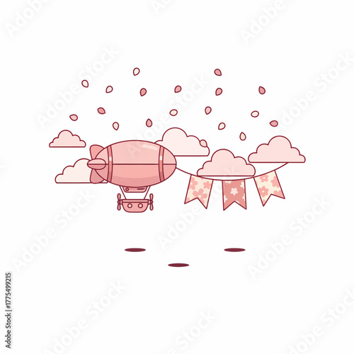 Cute Pink Blimp Flying Above Soft Cartoon Clouds