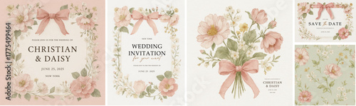 Elegant floral wedding invitation set with pink roses, bow, ribbons, and watercolor flowers. Romantic vintage design for save the date, wedding card, or bridal stationery template.
