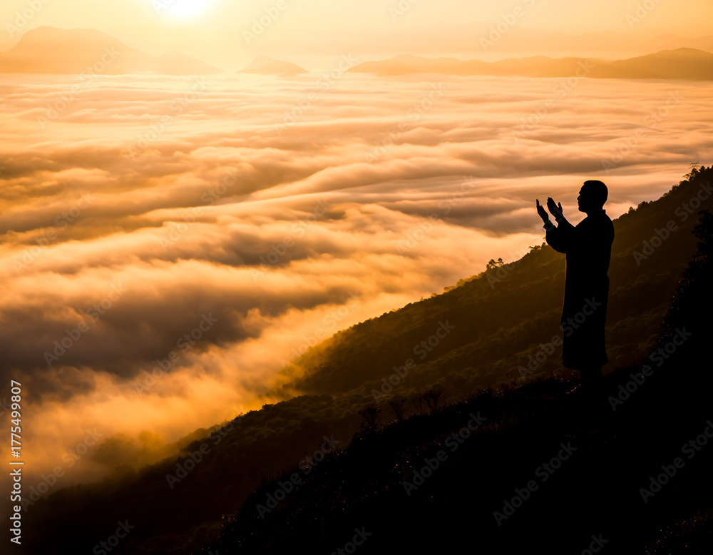 Fototapeta premium Dramatic silhouette of a man standing in a position of prayer (Dua) on a hillside overlooking a vast expanse of clouds, illuminated by the bright, golden glow of sunrise or sunset.