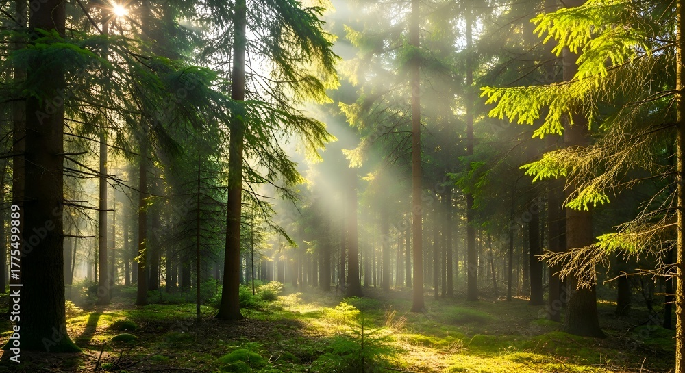 Obraz premium Sunlight filtering through the forest canopy.