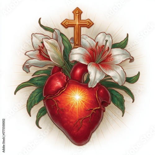 Sacred Heart of Jesus with cross and flowers, spiritual Christian art