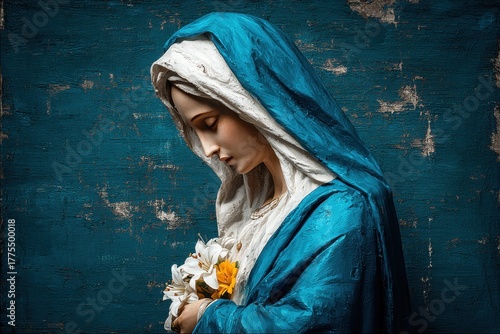 Mysterious portrait of a virgin mary with blue cloak holding bouquet