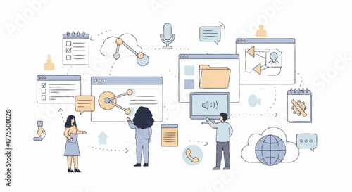 Conceptual illustration of a team collaborating on a business project using cloud computing and digital communication tools