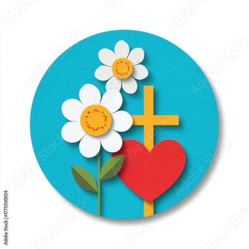 Cross, heart and flowers design for religion and love symbol 