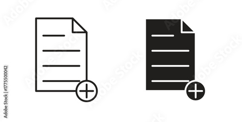 Add document icon in line design and solid black and white colors for designs