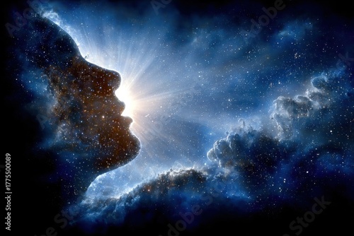 Mystical cosmic woman silhouette with glowing sun in space background 