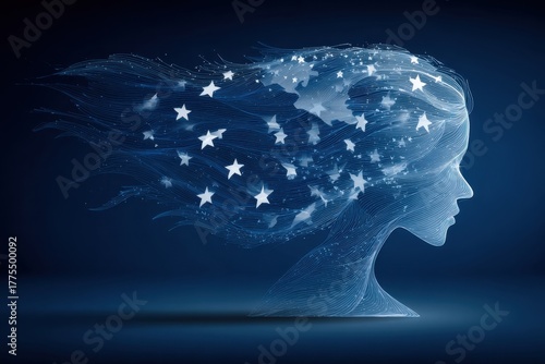 Dreamy woman silhouette adorned with stars on a dark background