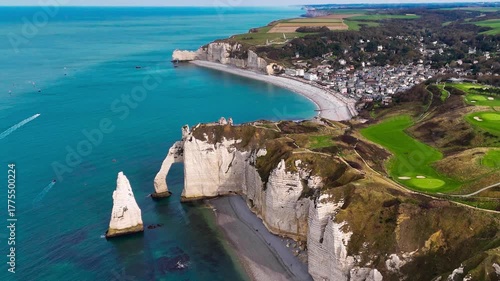 Wallpaper Mural Aerial drone view of lighthouse on picturesque coastal limestone cliffs and the English Channel town of Etretat, France. High quality 4k footage Torontodigital.ca