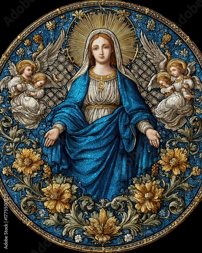 Artwork of Mary with angels in a stained glass window setting