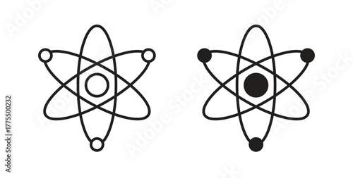 Atom icon in line design and solid black and white colors for designs