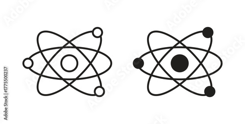 Atom icon in line design and solid black and white colors for designs
