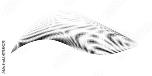 Flowing abstract dots particles wave pattern 3D curve halftone black gradient curve shape isolated on white background simple abstract