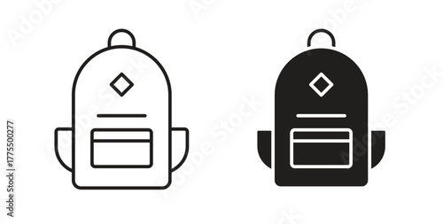 Backpack icon in line design and solid black and white colors for designs