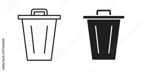 Bin icon in line design and solid black and white colors for designs