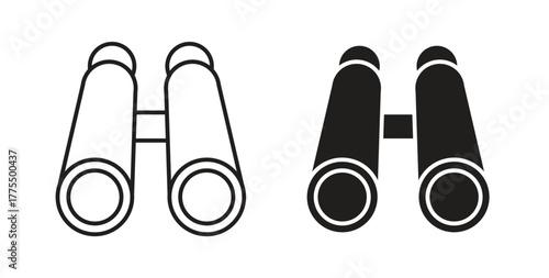Binoculars icon in line design and solid black and white colors for designs