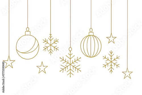 Golden line art of hanging Christmas ornaments with stars, snowflakes, and festive baubles in elegant decoration isolated on white background
