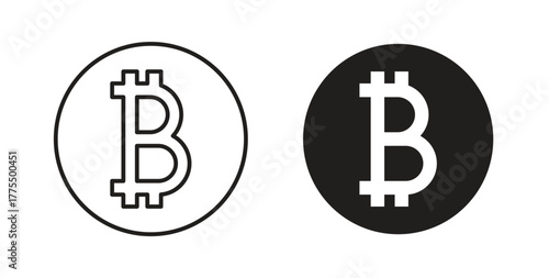 Bitcoin icon in line design and solid black and white colors for designs