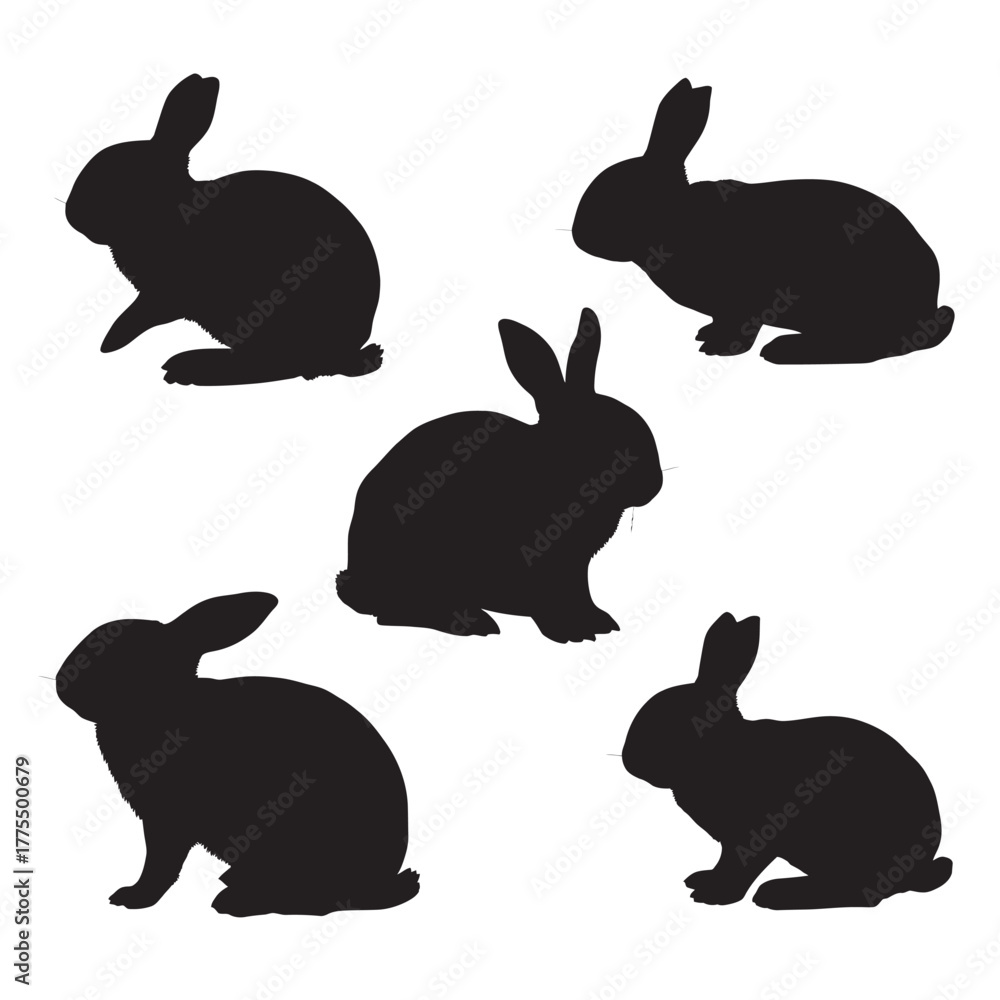 Fototapeta premium Rabbits and Bunny Silhouettes Vector Set Cute Fluffy Animals