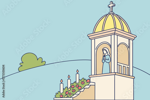 Elegant church bell tower illustration with praying woman on the top and cross on the top 