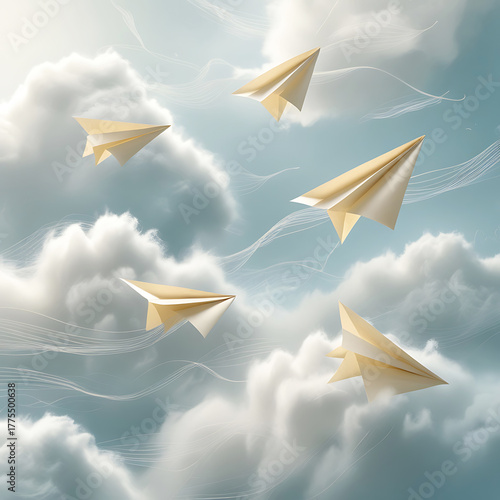 Group of Paper Airplanes Navigating Through Clouds in the Sky flying blue sky