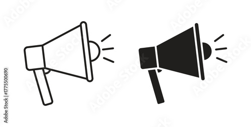 Bullhorn icon in line design and solid black and white colors for designs