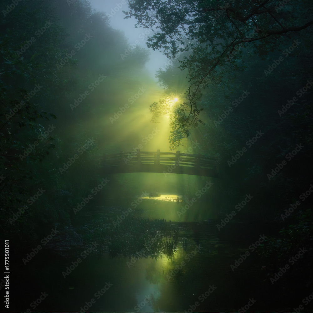 Fototapeta premium Dark, bright light breaks through the misty morning forest cloudscape
