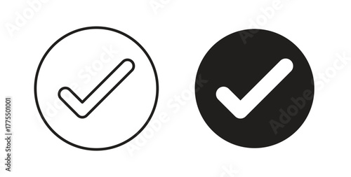 Checkmark icon in line design and solid black and white colors for designs