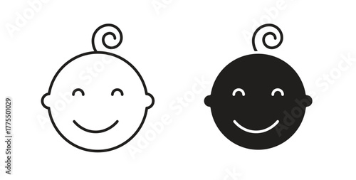Child face icon in line design and solid black and white colors for designs
