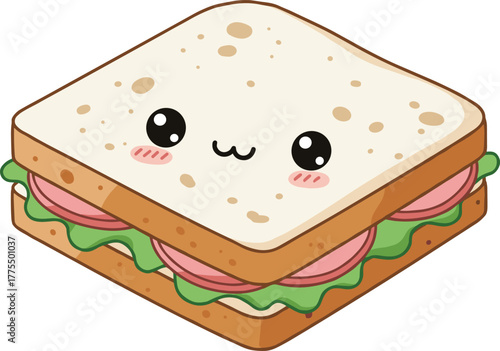 Cute cartoon sandwich, kawaii food illustration, smiling bread character, ham and lettuce snack, adorable lunch icon, kids menu design