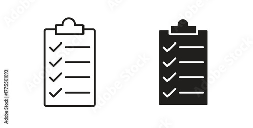 Clipboard icon in line design and solid black and white colors for designs