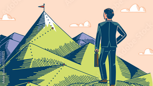 A businessman in suit standing in front of the mountains looking for the path to the top of his career of company opportunities. Concept for finance outline hand drawn style