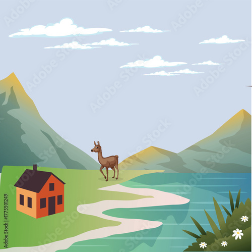 Serene Countryside View with House and Deer