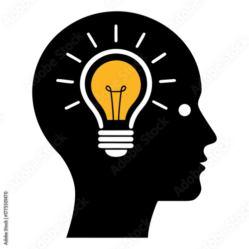 Light bulb inside a human head silhouette representing an idea
