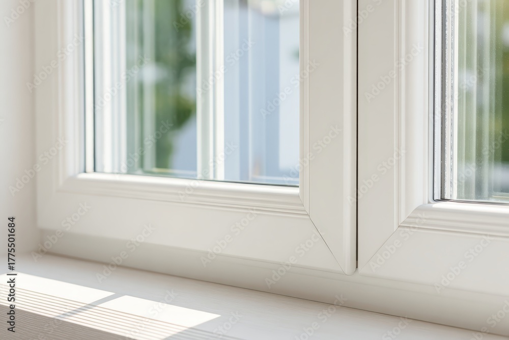 Fototapeta premium New plastic PVC window with white metal frame installed at modern house, city street urban view. Typical installation of insulated glazing windows. uPVC frame high thermal insulation values in room