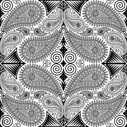 Paisley square seamless pattern.Boho traditional vintage style element black on white background.Motifs flower ornament hand drawn vector.bandana,scarf,head scarf,kerchief,hijab,print fabric,decorate.