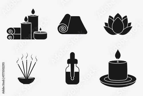 Serene spa icons set representing relaxation wellness and aromatherapy ambiance