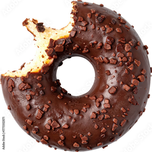 Delicious bitten chocolate glazed donut with crunchy topping isolated on white background, close up