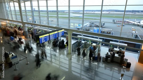 Wallpaper Mural A Busy Airport Terminal During Evening and Daylight Hours Shown in Two Framed Images, Capturing the Activity of Travelers and Staff in a Dynamic Environment. Torontodigital.ca