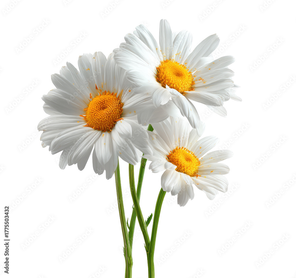 Naklejka premium Close-up of three white daisies with yellow centers, showing delicate petals and stems