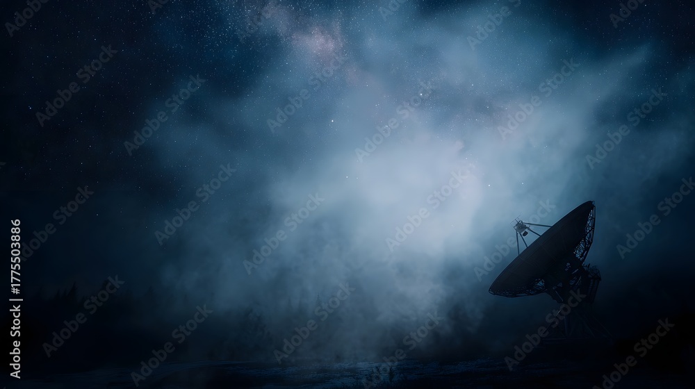 Fototapeta premium A large satellite dish stands in a misty landscape under a starry night sky