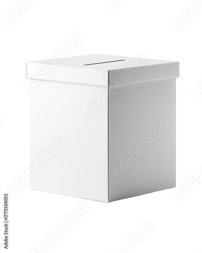 A white, rectangular ballot box with a hinged lid and a slot