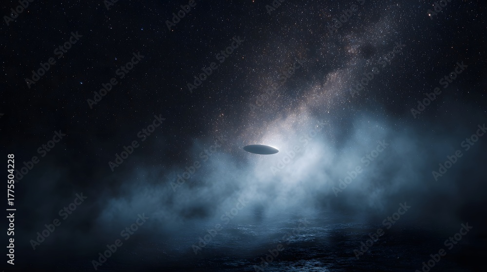 Fototapeta premium Mysterious disc shaped object floats in misty atmosphere under starry sky