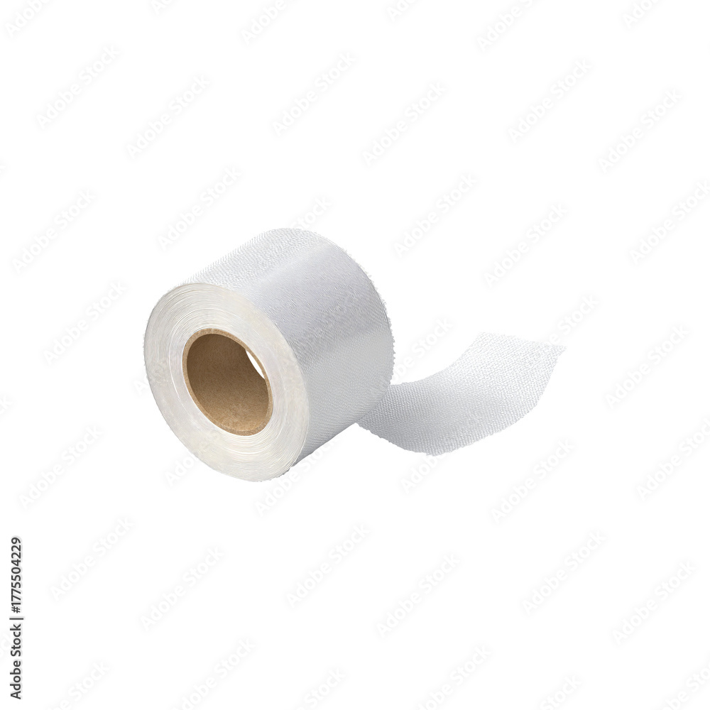 Fototapeta premium White toilet paper roll with soft textured sheet unrolling clean hygiene bathroom essential household supply for daily sanitation use isolated on white background 