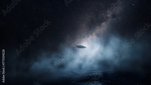 Fototapeta Naklejka Na Ścianę i Meble -  Mysterious disc shaped object floats in misty atmosphere under starry sky