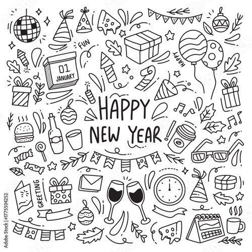 Doodle of New year party related objects and elements such as fireworks, party, etc. Black and white line illustration
