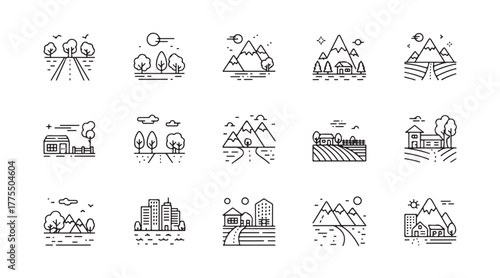 City and nature landscape view, outdoor area with road, trees and mountain, farm land line icon set