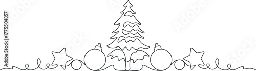 Continuous line drawing of Christmas tree with ornaments and stars - Minimalist one line art holiday vector.